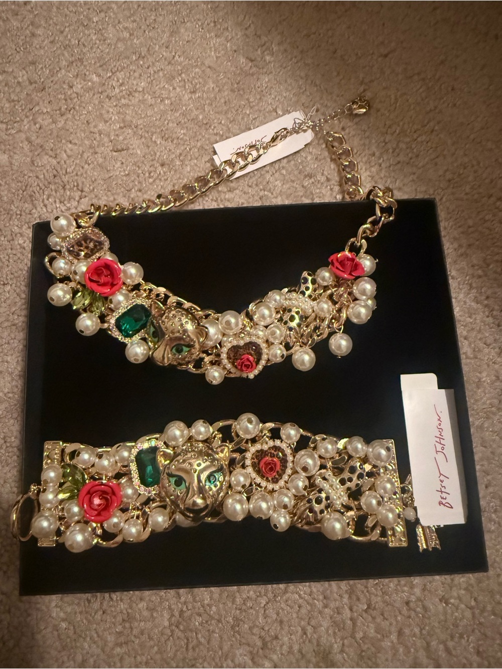 Betsey Johnson pearl, red rose, Leopard Heart statement Necklace & Bracelet Set